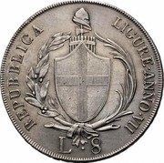 Italy 8 Lira Genoa Coinage 1804 R VII KM# 266.2 REPUBBLICA LIGURE ANNO VII L 8 coin obverse Italy 8 Lira Genoa Coinage 1804 R VII KM# 266.2 REPUBBLICA LIGURE ANNO VII L 8 coin obverse