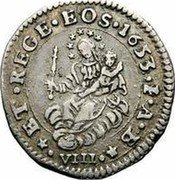 Italy 8 Soldi Madonna and Child. Genoa 1653 IAB KM# 117 ET REGE EOS 1653 I A B VIII coin reverse Italy 8 Soldi Madonna and Child. Genoa 1653 IAB KM# 117 ET REGE EOS 1653 I A B VIII coin reverse