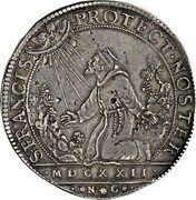 Italy Ducatone Federico Landi (1622) OG//NG MDCXXII KM# 17 S FRANCIS PROTECT NOSTER MDCXXII N G coin reverse Italy Ducatone Federico Landi (1622) OG//NG MDCXXII KM# 17 S FRANCIS PROTECT NOSTER MDCXXII N G coin reverse