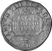 Italy Ducatone Carlo I 1628 KM# 50.1 CAROLVS D G DVX MANTV VIII CASALIS IN OBSIDE INIVSTA coin obverse Italy Ducatone Carlo I 1628 KM# 50.1 CAROLVS D G DVX MANTV VIII CASALIS IN OBSIDE INIVSTA coin obverse