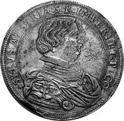 Italy Ducatone 1628 KM# 71 Corregio/ Principality Standard Coinage SYRVS AVSTRIA S R IMPER ET CO P coin obverse Italy Ducatone 1628 KM# 71 Corregio/ Principality Standard Coinage SYRVS AVSTRIA S R IMPER ET CO P coin obverse