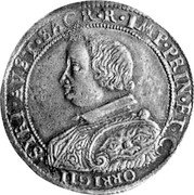 Italy Ducatone ND KM# 50 Corregio/ Principality Standard Coinage SYRI AVST SACR R IMP PRIN ET C ORRIGII coin obverse Italy Ducatone ND KM# 50 Corregio/ Principality Standard Coinage SYRI AVST SACR R IMP PRIN ET C ORRIGII coin obverse