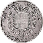 Italy Lira Vittorio Emanuele II 1860 GORI//FIRENZE KM# 9 UNA LIRA ITALIANA FIRENZE 1860 coin reverse Italy Lira Vittorio Emanuele II 1860 GORI//FIRENZE KM# 9 UNA LIRA ITALIANA FIRENZE 1860 coin reverse