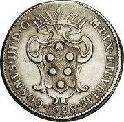 Italy Pezza Della Rosa Cosimo III 1698 KM# 15.2 COSMVS III D G M DVX ETRVRIAE 1698 coin obverse Italy Pezza Della Rosa Cosimo III 1698 KM# 15.2 COSMVS III D G M DVX ETRVRIAE 1698 coin obverse