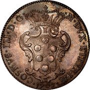 Italy Pezza Della Rosa Cosimo III 1707 KM# 15.4 COSMVS III D G M DVX ETRVRIAE 1707 coin obverse Italy Pezza Della Rosa Cosimo III 1707 KM# 15.4 COSMVS III D G M DVX ETRVRIAE 1707 coin obverse
