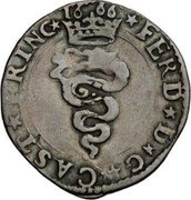 Italy Soldo Ferdinand I Gonzaga 1666 KM# 64 FERD D G CAST PRIN 16 66 coin obverse Italy Soldo Ferdinand I Gonzaga 1666 KM# 64 FERD D G CAST PRIN 16 66 coin obverse