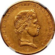 Italy Sovrano Ferdinand I 1837 A C# 21.1 FERD I D G AVSTR IMP HVNG BOH R H N V. coin obverse Italy Sovrano Ferdinand I 1837 A C# 21.1 FERD I D G AVSTR IMP HVNG BOH R H N V. coin obverse