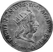 Italy Tollero Ferdinando II 1659 KM# 7.2 FERDINANDVS II M AG DVX E T R V 1659 coin obverse Italy Tollero Ferdinando II 1659 KM# 7.2 FERDINANDVS II M AG DVX E T R V 1659 coin obverse