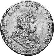 Italy Tollero Cosimo III 1670 KM# 16.1 COSMVS III MAG DVX ETRVRIAE VI 1670 coin obverse Italy Tollero Cosimo III 1670 KM# 16.1 COSMVS III MAG DVX ETRVRIAE VI 1670 coin obverse