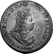Italy Tollero Cosimo III 1680 KM# 16.2 COSMVS III D G MAG ETRVRIAE VI 1680 coin obverse Italy Tollero Cosimo III 1680 KM# 16.2 COSMVS III D G MAG ETRVRIAE VI 1680 coin obverse