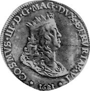 Italy Tollero Cosimo III 1681 KM# 16.3 COSMVS III D G MAG DVX ETRVRIAR VI 1681 coin obverse Italy Tollero Cosimo III 1681 KM# 16.3 COSMVS III D G MAG DVX ETRVRIAR VI 1681 coin obverse