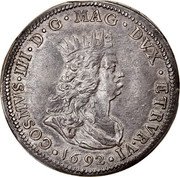 Italy Tollero Cosimo III 1692 KM# 16.4 COSMVS III MAG DVX ETRVRIAE VI 1683 coin obverse Italy Tollero Cosimo III 1692 KM# 16.4 COSMVS III MAG DVX ETRVRIAE VI 1683 coin obverse