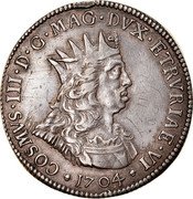 Italy Tollero Cosimo III 1704 KM# 16.5 COSMVS III D G MAG DVX ETRVRIAE VI 1704 coin obverse Italy Tollero Cosimo III 1704 KM# 16.5 COSMVS III D G MAG DVX ETRVRIAE VI 1704 coin obverse