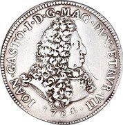 Italy Tollero Cosimo III 1724 KM# 45 IOAN GASTO I D G MAG DVX ETRVR VII 1723 coin obverse Italy Tollero Cosimo III 1724 KM# 45 IOAN GASTO I D G MAG DVX ETRVR VII 1723 coin obverse