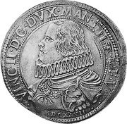 Italy 1/2 Ducatone Vincenzo II 1627 MDCXXVII KM# 103 VINC II D G DVX MAN VII ET M F V coin obverse Italy 1/2 Ducatone Vincenzo II 1627 MDCXXVII KM# 103 VINC II D G DVX MAN VII ET M F V coin obverse
