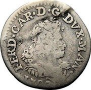 Italy 1/2 Lira (Mezza Lira) Ferdinando Carlo Gonzaga 1702 KM# 235 FERD CAR D G DVX MANT 1702 coin obverse Italy 1/2 Lira (Mezza Lira) Ferdinando Carlo Gonzaga 1702 KM# 235 FERD CAR D G DVX MANT 1702 coin obverse
