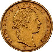 Italy 1/2 Sovrano Franz Joseph I 1854 M C# 40.1 FRANC IOS I D G AVSTRIAE IMPERATOR M coin obverse Italy 1/2 Sovrano Franz Joseph I 1854 M C# 40.1 FRANC IOS I D G AVSTRIAE IMPERATOR M coin obverse