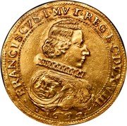 Italy 12 Scudo D'oro Francesco I d'Este. Modena 1633 FR# 773 FRANCISCVS I MV T REG E C DVX VIII 1633 coin obverse Italy 12 Scudo D'oro Francesco I d'Este. Modena 1633 FR# 773 FRANCISCVS I MV T REG E C DVX VIII 1633 coin obverse