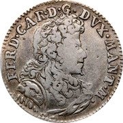 Italy 2 Lira (80 Sesini) Ferdinando Carlo Gonzaga 1701 KM# 237 FERD CAR D G DVX MANT M coin obverse Italy 2 Lira (80 Sesini) Ferdinando Carlo Gonzaga 1701 KM# 237 FERD CAR D G DVX MANT M coin obverse