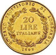 Italy 20 Lira Lombardy Venetia 1848 M C# 23 20 LIRE ITALIANE GOVERNO PROVVISORIO DELLA LOMBARDIA 1848 coin obverse Italy 20 Lira Lombardy Venetia 1848 M C# 23 20 LIRE ITALIANE GOVERNO PROVVISORIO DELLA LOMBARDIA 1848 coin obverse