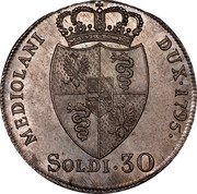 Italy 30 Soldo Franz II 1795 KM# 244 MEDIOLANI DUX 1800 SOLDI 30 coin reverse Italy 30 Soldo Franz II 1795 KM# 244 MEDIOLANI DUX 1800 SOLDI 30 coin reverse