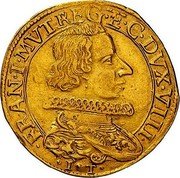 Italy 4 Scudo D'oro Francesco I d'Este ND IT FR# 778.2 FRAN I MVT REG E C DVX VIII I I coin obverse Italy 4 Scudo D'oro Francesco I d'Este ND IT FR# 778.2 FRAN I MVT REG E C DVX VIII I I coin obverse
