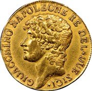Italy 40 Franchi Joachim Murat 1810 Bowers and Merena Guia sale 3-88 VF realized $19,800; Superior Pipito sale 12-87 about XF realized $30,250 KM# 256 GIOACCHINO NAPOLEONE RE DEL DUE SICI N M coin obverse Italy 40 Franchi Joachim Murat 1810 Bowers and Merena Guia sale 3-88 VF realized $19,800; Superior Pipito sale 12-87 about XF realized $30,250 KM# 256 GIOACCHINO NAPOLEONE RE DEL DUE SICI N M coin obverse