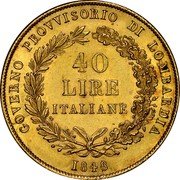 Italy 40 Lira Lombardy Venetia 1848 M C# 24 GOVERNO PROVVISORIO DI LOMBARDIA 40 LIRE ITALIANE 1848 coin obverse Italy 40 Lira Lombardy Venetia 1848 M C# 24 GOVERNO PROVVISORIO DI LOMBARDIA 40 LIRE ITALIANE 1848 coin obverse