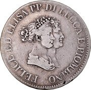 Italy 5 Franchi Felix and Elisa 1805 KM# 24.2 FELICE ED ELISA PP DI LUCCA E PIOMBINO coin obverse Italy 5 Franchi Felix and Elisa 1805 KM# 24.2 FELICE ED ELISA PP DI LUCCA E PIOMBINO coin obverse