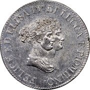 Italy 5 Franchi Felix and Elisa 1805 KM# 24.1 FELICE ED ELISA PP DI LUCCA E PIOMBINO coin obverse Italy 5 Franchi Felix and Elisa 1805 KM# 24.1 FELICE ED ELISA PP DI LUCCA E PIOMBINO coin obverse