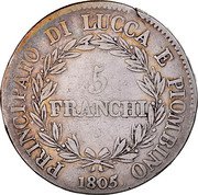 Italy 5 Franchi Felix and Elisa 1805 KM# 24.2 PRINCIPATO DI LUCCA E PIOMBINO 5 FRANCHI 1805 coin reverse Italy 5 Franchi Felix and Elisa 1805 KM# 24.2 PRINCIPATO DI LUCCA E PIOMBINO 5 FRANCHI 1805 coin reverse