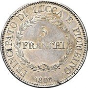 Italy 5 Franchi Felix and Elisa 1808 KM# 24.3 PRINCIPATO DI LUCCA E PIOMBINO 5 FRANCHI 1807 coin reverse Italy 5 Franchi Felix and Elisa 1808 KM# 24.3 PRINCIPATO DI LUCCA E PIOMBINO 5 FRANCHI 1807 coin reverse