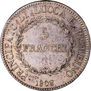 Italy 5 Franchi Felix and Elisa 1808 KM# 24.4 PRINCIPATO DI LUCCA E PIOMBINO 5 FRANCHI 1808 coin reverse Italy 5 Franchi Felix and Elisa 1808 KM# 24.4 PRINCIPATO DI LUCCA E PIOMBINO 5 FRANCHI 1808 coin reverse