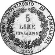 Italy 5 Lira Lombardy Venetia 1848 M C# 22.3 GOVERNO PROVVISORIO DI LOMBARDIA 5 LIRE ITALIANE 1848 coin obverse Italy 5 Lira Lombardy Venetia 1848 M C# 22.3 GOVERNO PROVVISORIO DI LOMBARDIA 5 LIRE ITALIANE 1848 coin obverse