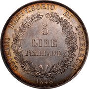 Italy 5 Lira Lombardy Venetia 1848 M C# 22.2 GOVERNO PROVVISORIO DI LOMBARDIA 1848 5 LIRE ITALIANE coin obverse Italy 5 Lira Lombardy Venetia 1848 M C# 22.2 GOVERNO PROVVISORIO DI LOMBARDIA 1848 5 LIRE ITALIANE coin obverse