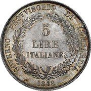 Italy 5 Lira Lombardy Venetia 1848 M C# 22.1 GOVERNO PROVVISORIO DI LOMBARDIA 1842 5 LIRE ITALIANE coin obverse Italy 5 Lira Lombardy Venetia 1848 M C# 22.1 GOVERNO PROVVISORIO DI LOMBARDIA 1842 5 LIRE ITALIANE coin obverse