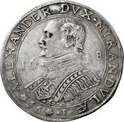 Italy 56 Bolognini Alessandro I 1618 GAR KM# 76 ALEXANDER DVX MIRANDVLÆ I 16 18 56 coin obverse Italy 56 Bolognini Alessandro I 1618 GAR KM# 76 ALEXANDER DVX MIRANDVLÆ I 16 18 56 coin obverse