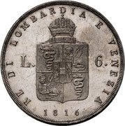 Italy 6 Lira Lombardy Venetia 1816 M Swiss Bank sale No.19 1-88 XF-FDC realized $10,500 C# A1 RE DI LOMBARDIA E VENEZIA 1816 L 6 coin reverse