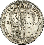 Italy 60 Grana Ferdinando IV 1794 P//M-AP KM# 214 HISPANIAR INFANS 1794 A P G 60 coin reverse Italy 60 Grana Ferdinando IV 1794 P//M-AP KM# 214 HISPANIAR INFANS 1794 A P G 60 coin reverse