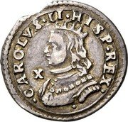 Italy Carlino Carlo II 1666 KM# 93 CAROLVS II HISP REX X coin obverse Italy Carlino Carlo II 1666 KM# 93 CAROLVS II HISP REX X coin obverse