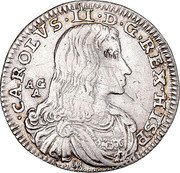 Italy Carlino Carlo II 1688 AG/A-IM KM# 111 CAROLVS II D G REX HISP A G A coin obverse Italy Carlino Carlo II 1688 AG/A-IM KM# 111 CAROLVS II D G REX HISP A G A coin obverse
