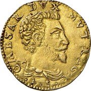 Italy Doppia Cesare d Este 1608 FR# 765 CAESAR DVX MVT REX L G coin obverse Italy Doppia Cesare d Este 1608 FR# 765 CAESAR DVX MVT REX L G coin obverse