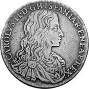 Italy Ducato Carlo II 1684 IM//AG/A KM# 110 CAROLVS II D G HISPANIAR ET NEAP REX coin obverse Italy Ducato Carlo II 1684 IM//AG/A KM# 110 CAROLVS II D G HISPANIAR ET NEAP REX coin obverse