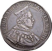 Italy Ducatone Ferdinando Gonzaga 1615 MDCXV KM# 50 FERD CAR D G DVX MAN VI ET M F IIII MDCXIIII coin obverse Italy Ducatone Ferdinando Gonzaga 1615 MDCXV KM# 50 FERD CAR D G DVX MAN VI ET M F IIII MDCXIIII coin obverse