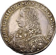 Italy Ducatone Carlo II 1649 KM# 184 CAROLVS II D G DVX MAN E M P E C coin obverse Italy Ducatone Carlo II 1649 KM# 184 CAROLVS II D G DVX MAN E M P E C coin obverse