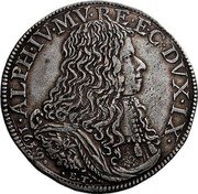 Italy Ducatone Alfonso IV d'Este 1659 DAV# 4040 ALPH IV MV RE E C DVX IX E T coin obverse Italy Ducatone Alfonso IV d'Este 1659 DAV# 4040 ALPH IV MV RE E C DVX IX E T coin obverse