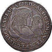 Italy Ducatone Ferdinando Carlo Gonzaga 1666 KM# 207 ISABELLA CLARA FERD CAR D G MAN ET M F ET C coin obverse Italy Ducatone Ferdinando Carlo Gonzaga 1666 KM# 207 ISABELLA CLARA FERD CAR D G MAN ET M F ET C coin obverse