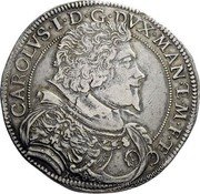 Italy Ducatone (Carlo I) KM# 120 CAROLVS I D G DVX MAN ET M F ET C coin obverse Italy Ducatone (Carlo I) KM# 120 CAROLVS I D G DVX MAN ET M F ET C coin obverse