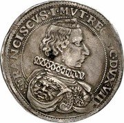 Italy Ducatone Francesco I d'Este. Modena ND (1631) DAV# 4037 FRANCISCVS I MVT RE(G) E(VS) C DVX VIII coin obverse Italy Ducatone Francesco I d'Este. Modena ND (1631) DAV# 4037 FRANCISCVS I MVT RE(G) E(VS) C DVX VIII coin obverse