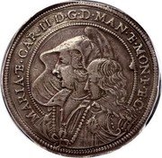 Italy Ducatone Carlo II Gonzaga ND KM# 157 MARIA ET CAR II D G D MAN ET MON F ET C coin obverse Italy Ducatone Carlo II Gonzaga ND KM# 157 MARIA ET CAR II D G D MAN ET MON F ET C coin obverse